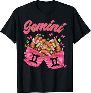 Black Women Nails Zodiac Birthday Gemini Queen T-Shirt - T-Shirt | Black