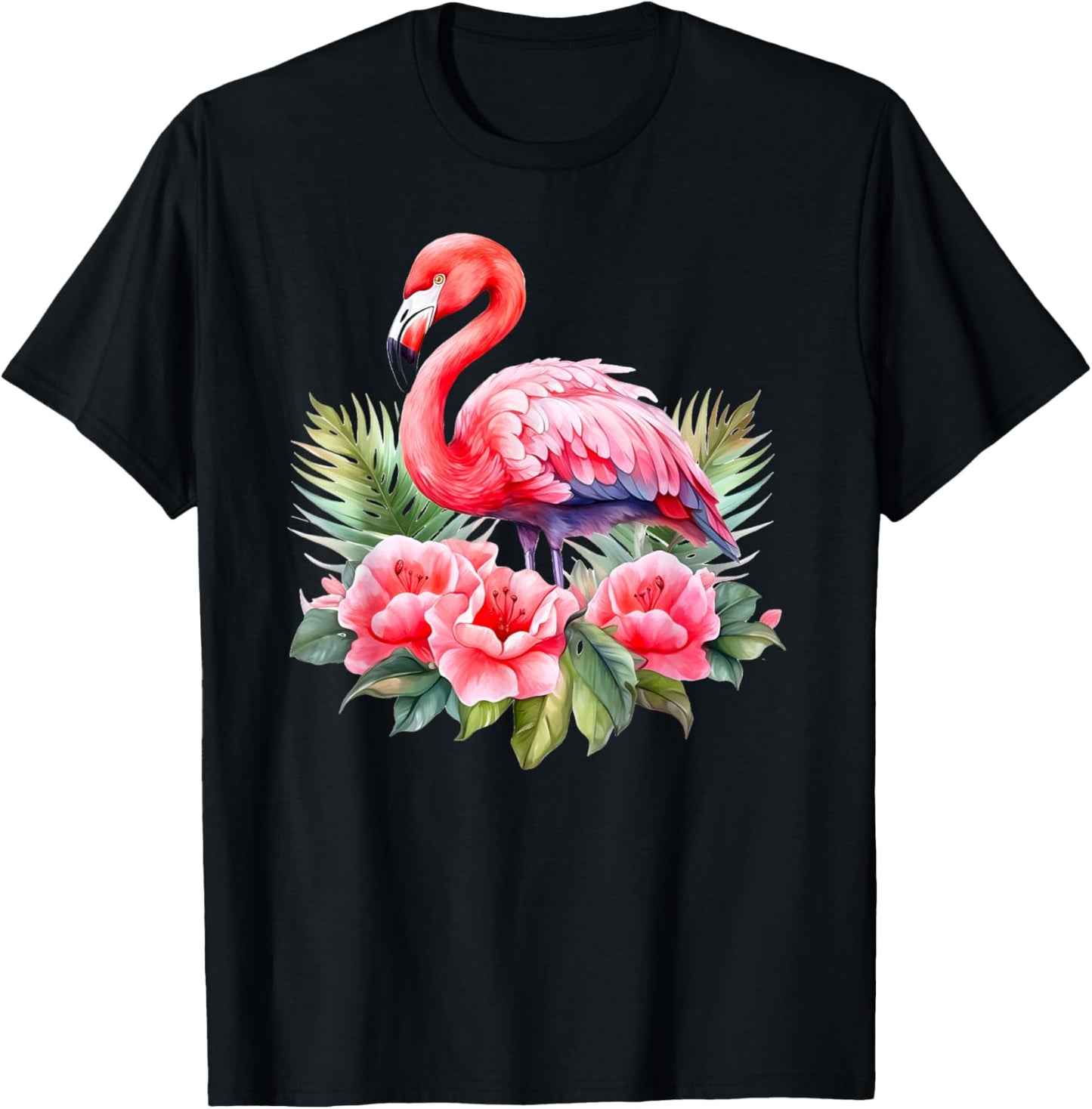 Flamingo Flowers Tropical Watercolor Bird Top T-Shirt - T-Shirt | Black