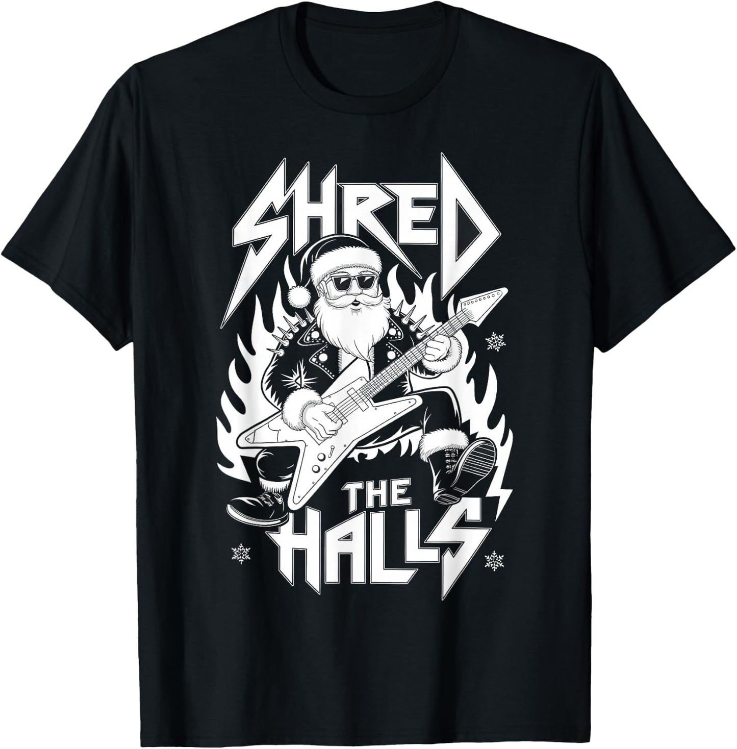 Shred the Halls Christmas Rocker Santa Metalhead Guitarist T-Shirt - T-Shirt | Black