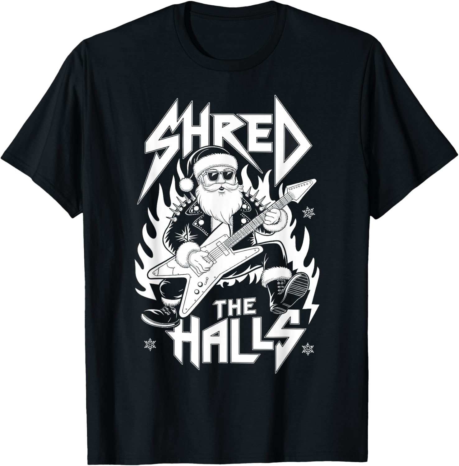 Shred the Halls Christmas Rocker Santa Metalhead Guitarist T-Shirt - T-Shirt | Black
