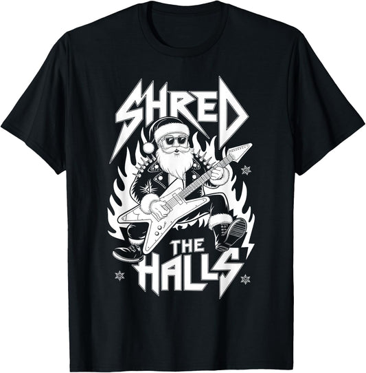 Shred the Halls Christmas Rocker Santa Metalhead Guitarist T-Shirt - T-Shirt | Black