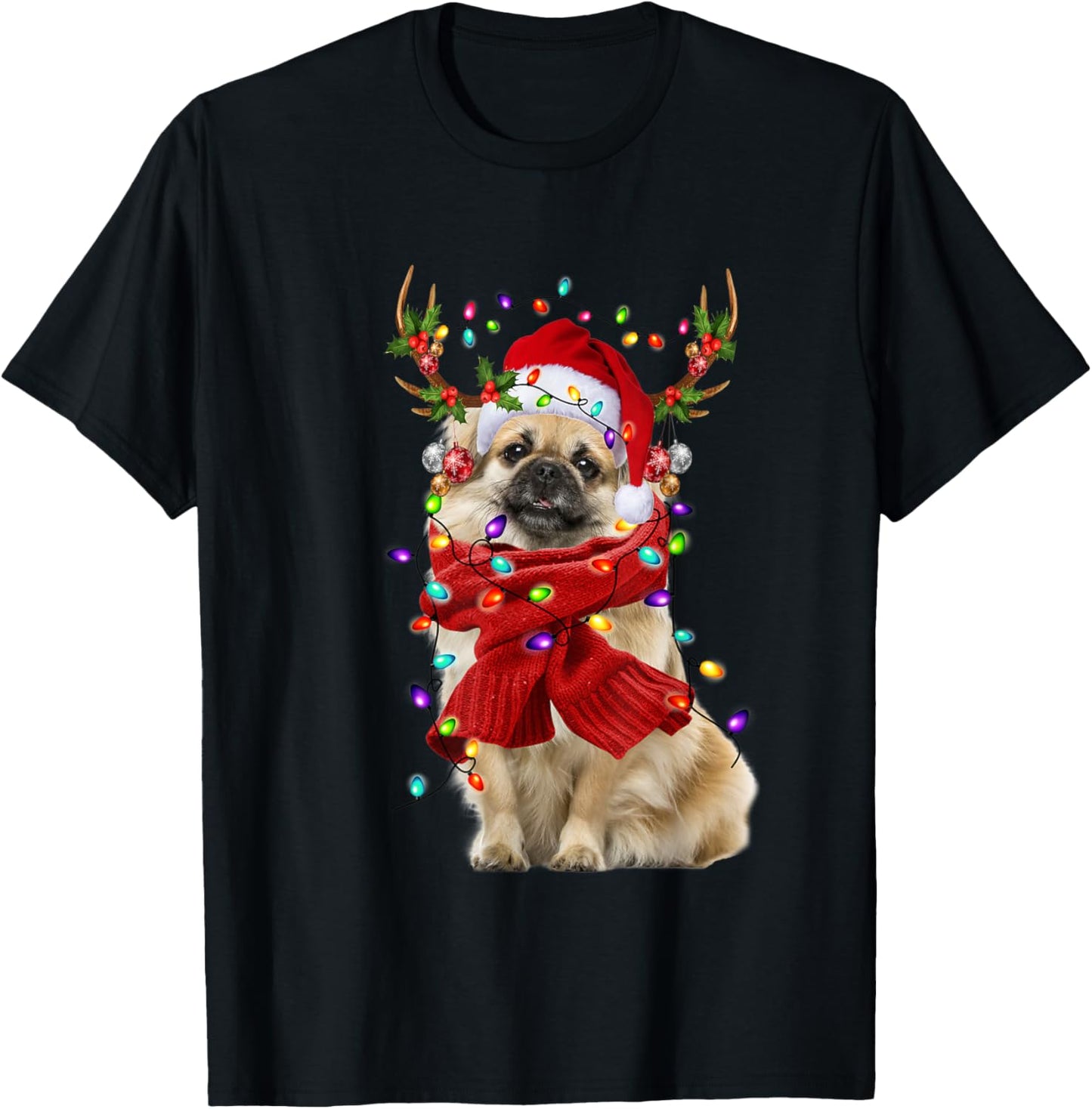 Santa Tibetan Spaniel Dog Reindeer Christmas Lights T-Shirt - T-Shirt | Black