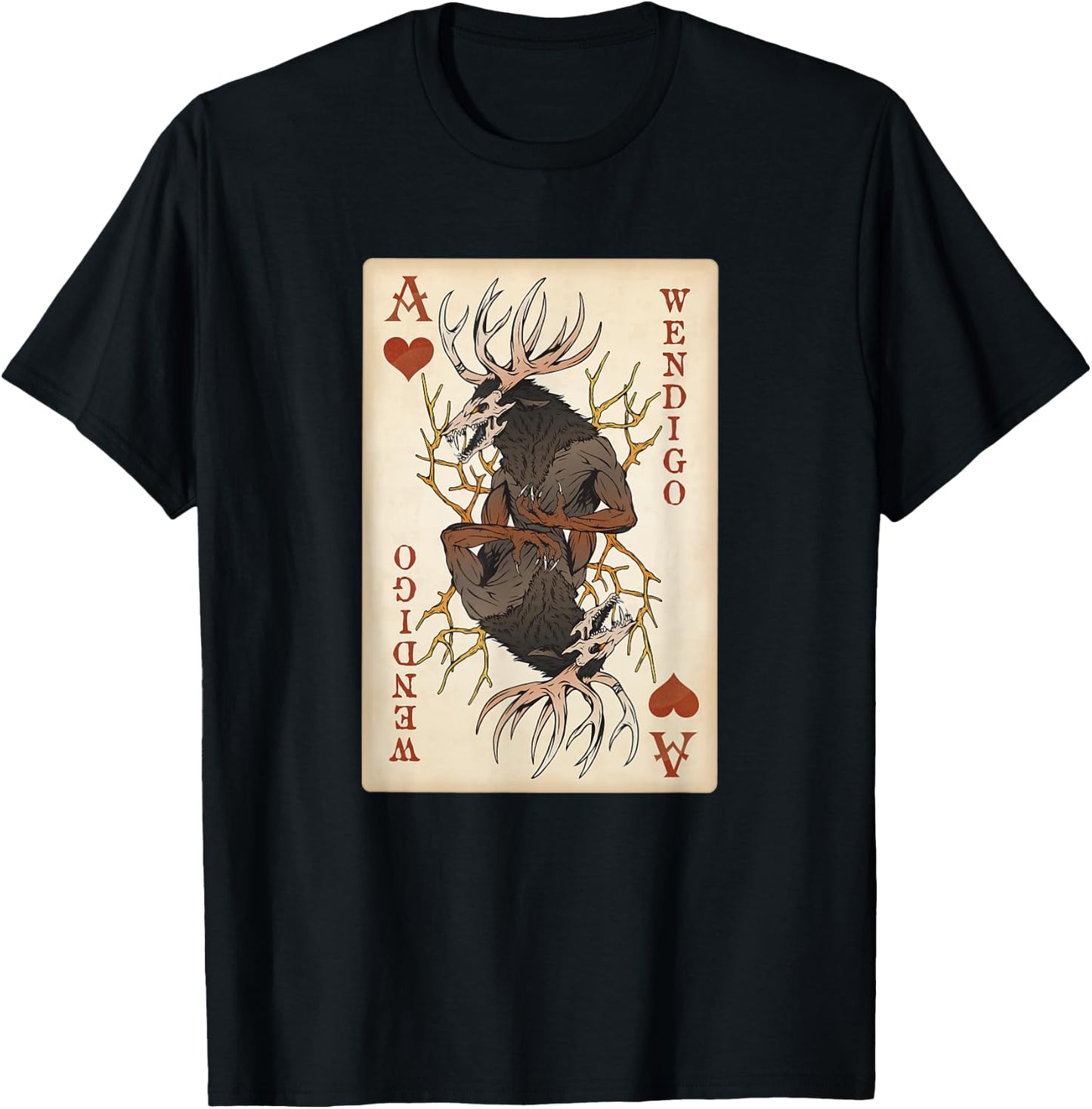 National Introvert Society Wendigo Original Cryptid Playing Card Tarot Ace of Hearts T-Shirt - T-Shirt | Black