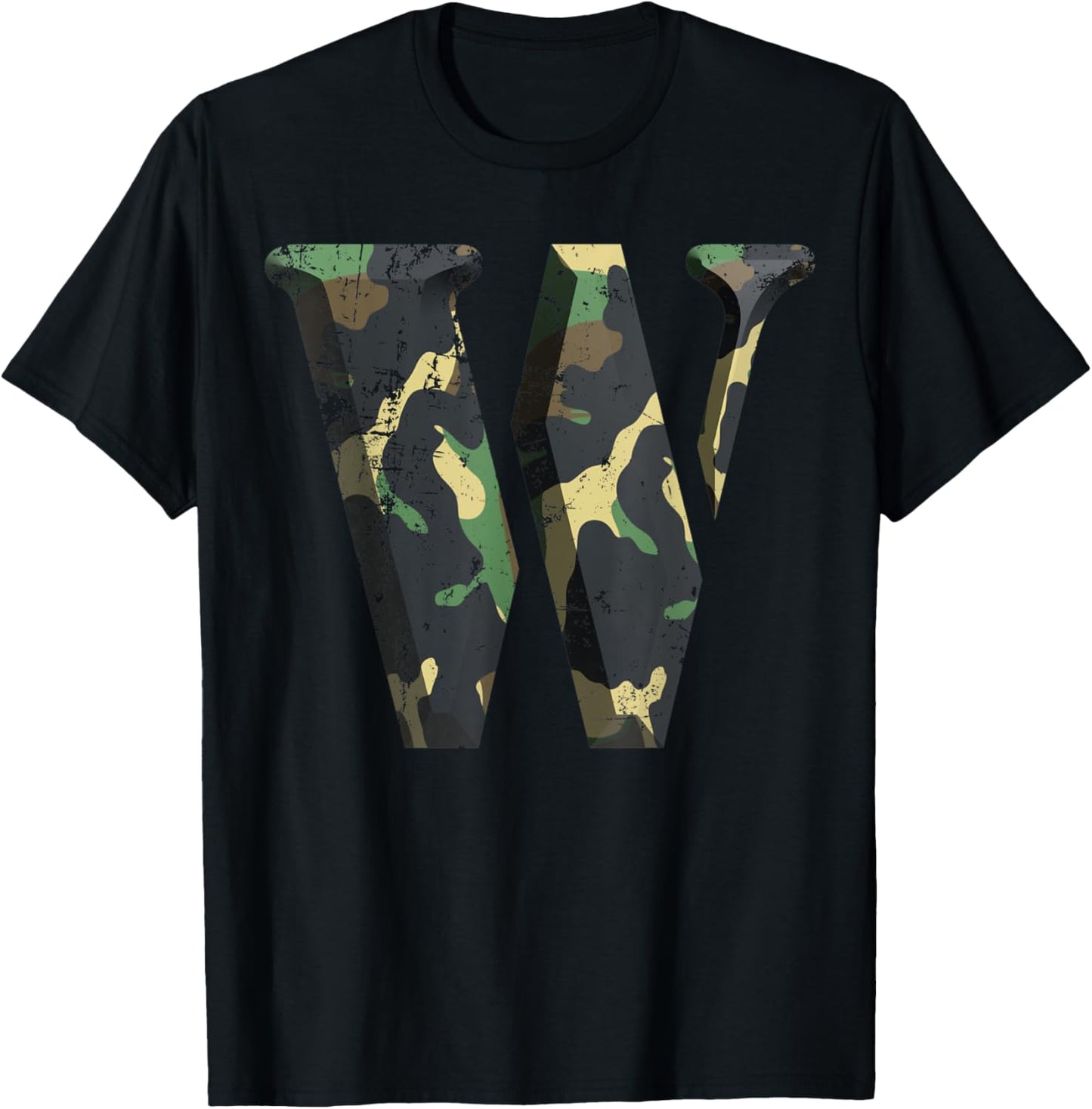 Capital Letter W Stencil Font Army Camo Woodland Camouflage T-Shirt - T-Shirt | Black
