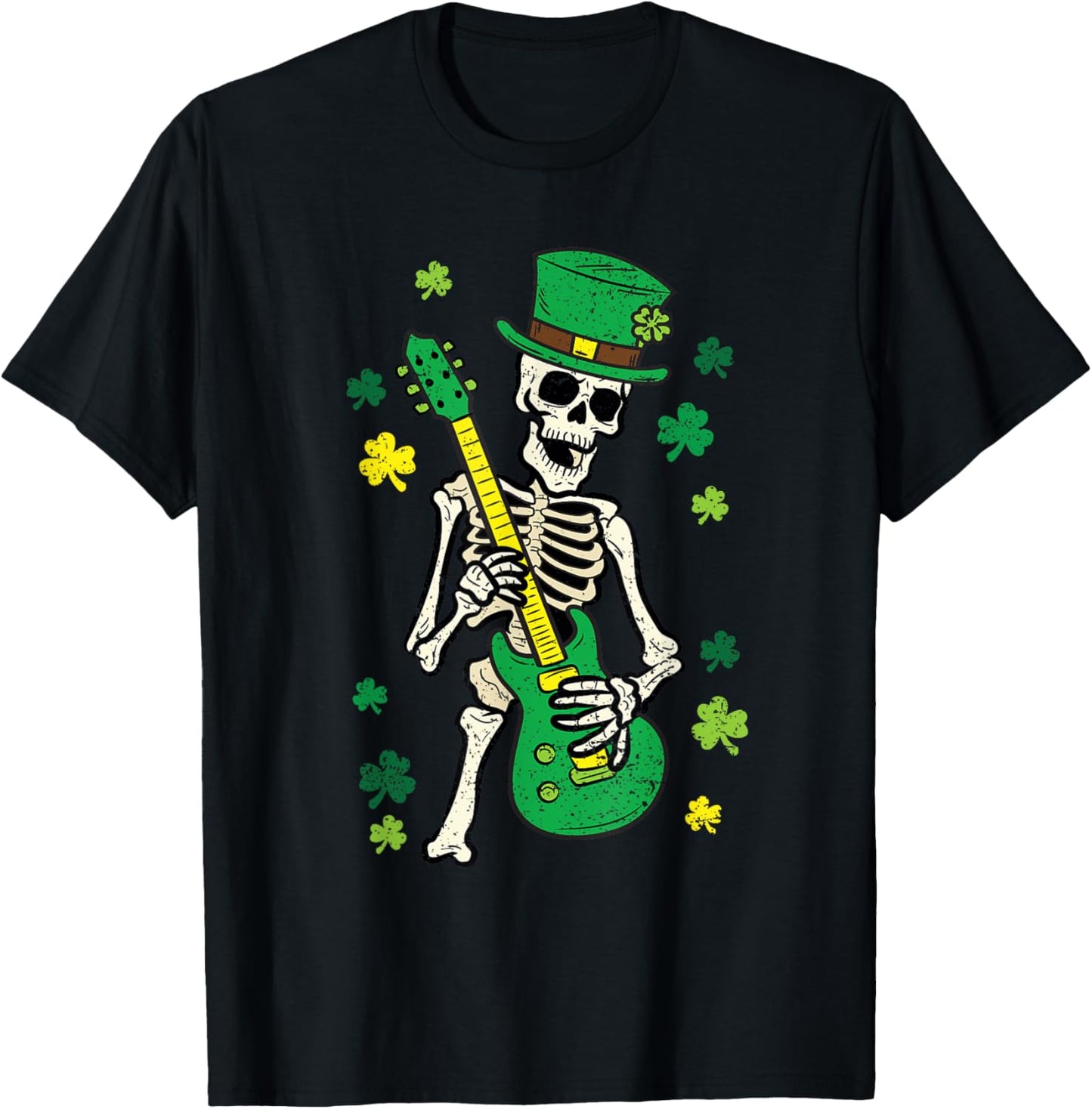 Skeleton Playing Guitar St Patricks Day Leprechaun Shamrock T-Shirt - T-Shirt | Black
