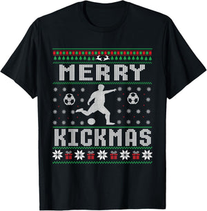 Merry Kickmas Soccer Player Ugly Christmas Sweater T-Shirt - T-Shirt | Black