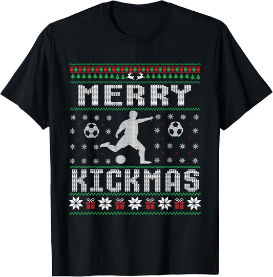 Merry Kickmas Soccer Player Ugly Christmas Sweater T-Shirt - T-Shirt | Black