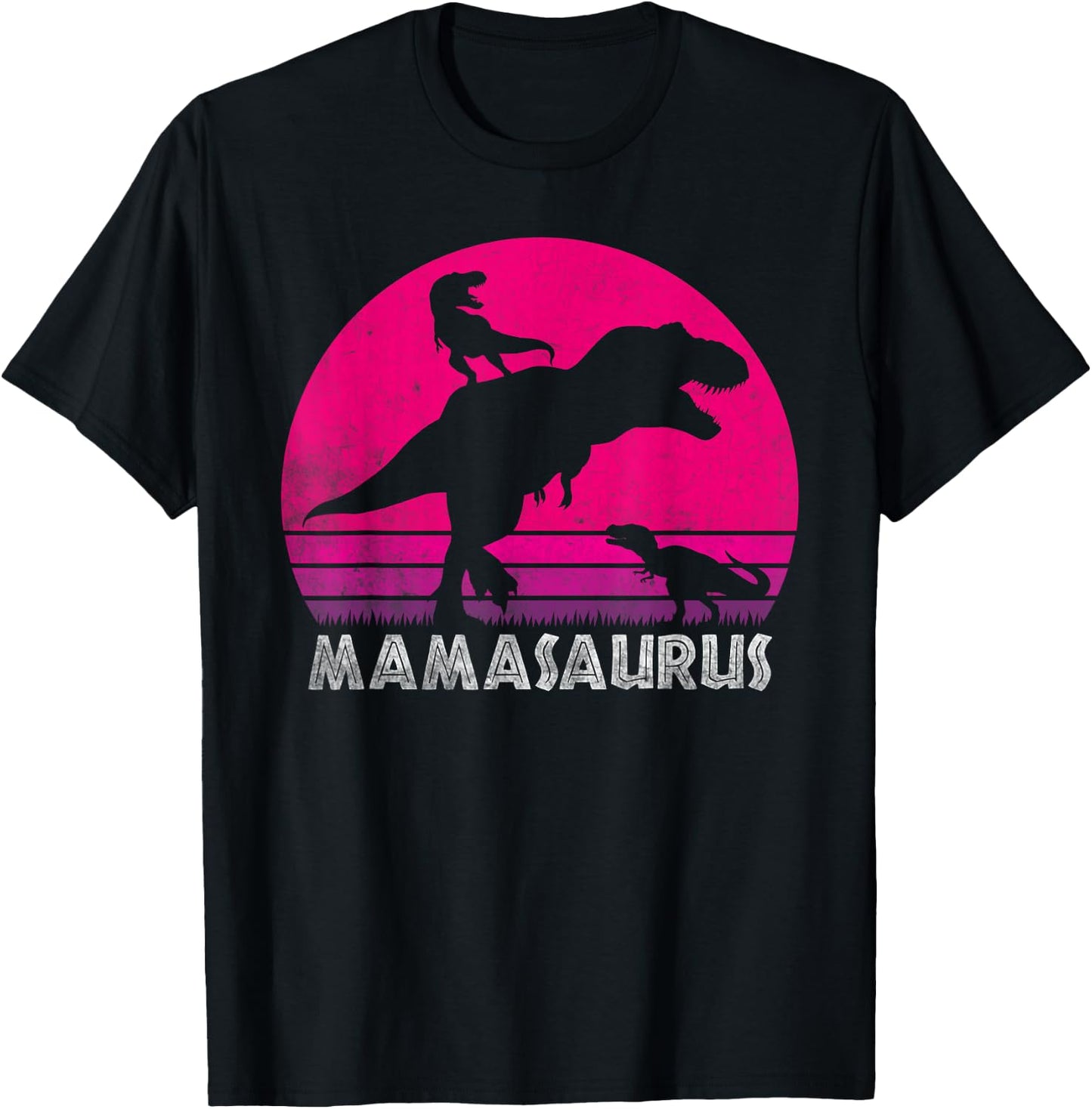 Vintage Retro 2 Kids Mamasaurus Sunset Funny Gift Mother T-Shirt - T-Shirt | Black