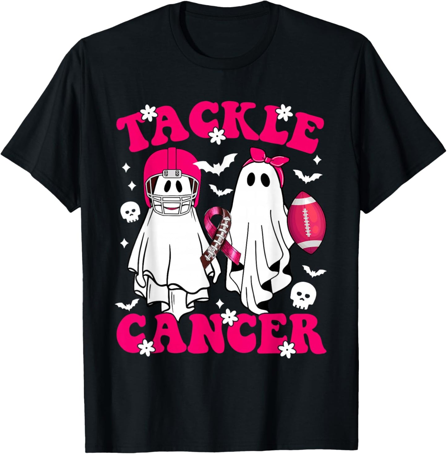 Tackle Football Ghost Pink Ribbon Breast Cancer Halloween T-Shirt - T-Shirt | Black