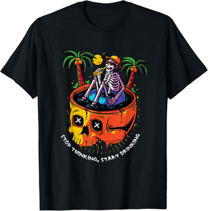 Stop Thinking Start Drinking Skeleton T-Shirt - T-Shirt | Black