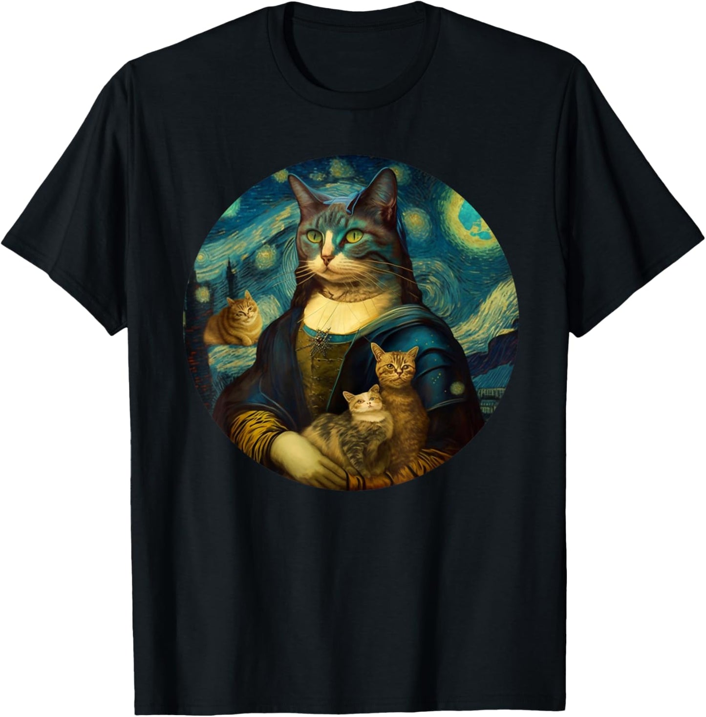 Mona Lisa With Cats Starry Night Van Gogh Funny Art Painting T-Shirt - T-Shirt | Black