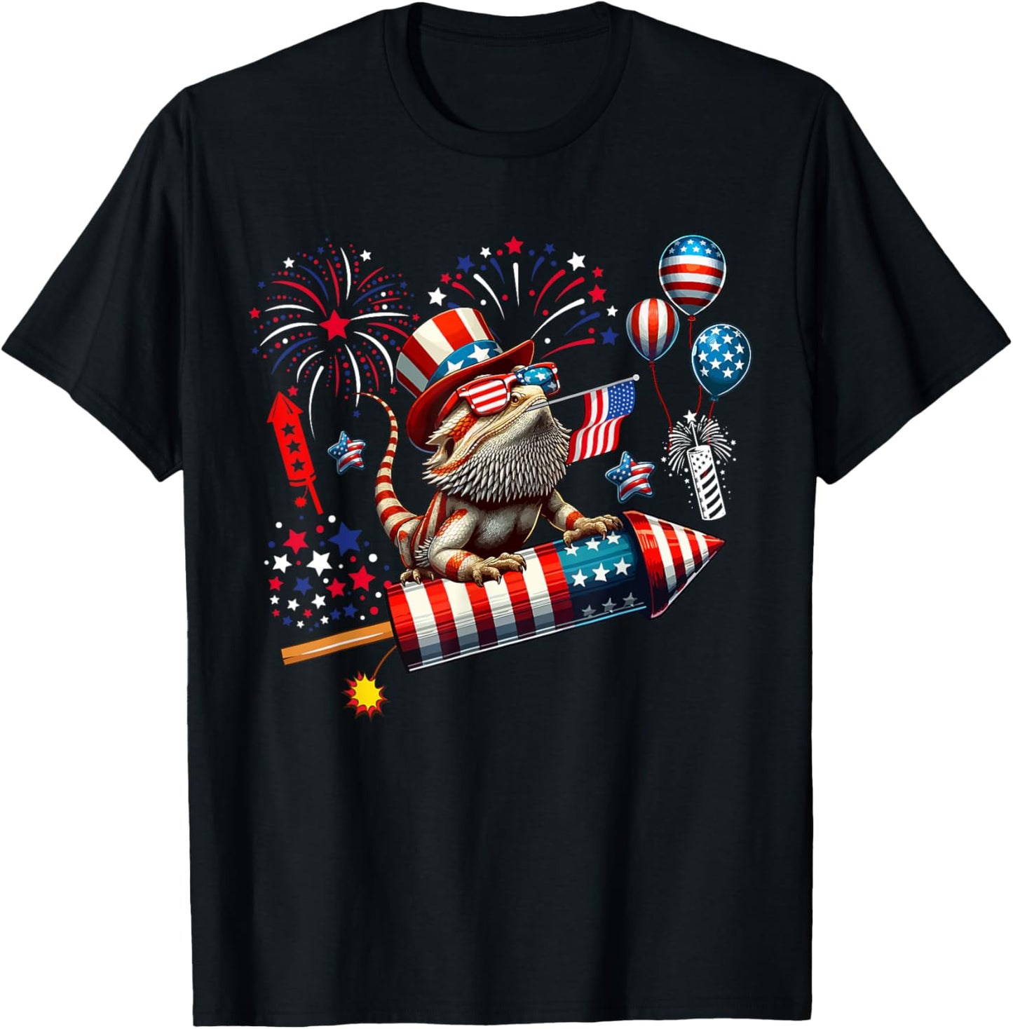Bearded Dragon Riding Firecracker US Flag 4th Of July T-Shirt - T-Shirt | Black
