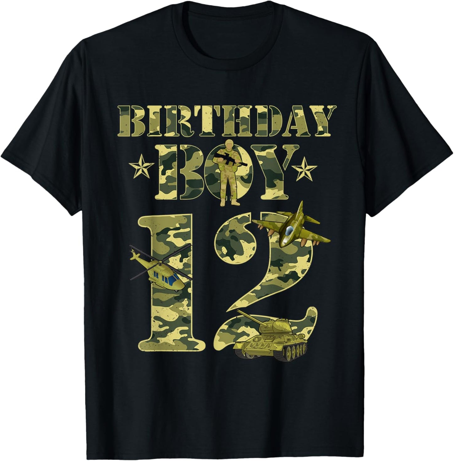 12th Birthday Military Themed Camo Boys 12 Yrs Old Soldier T-Shirt - T-Shirt | Black