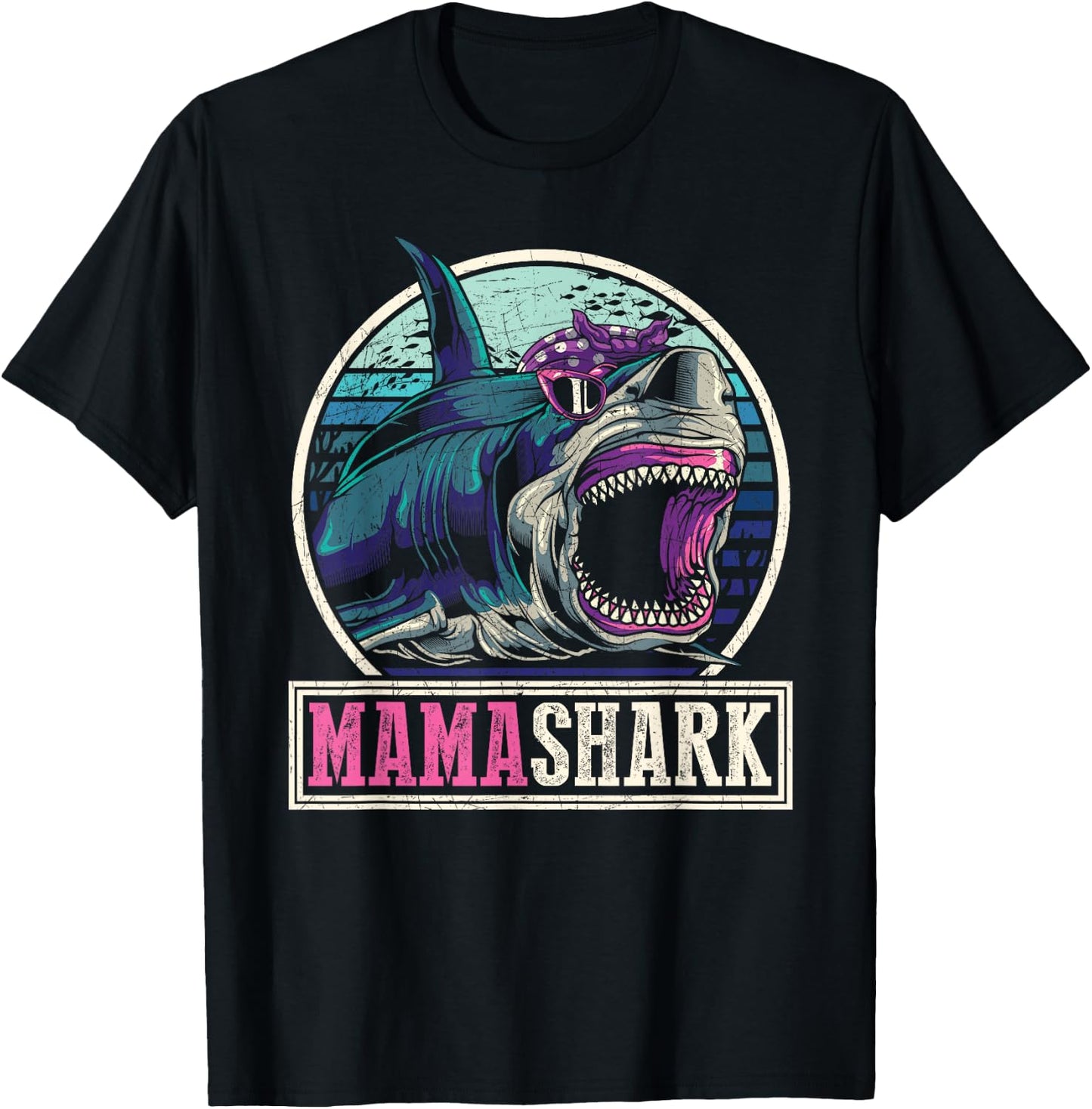 Retro Sea Monster Mommy Gift Whale Animal Family Mama Shark T-Shirt - T-Shirt | Black