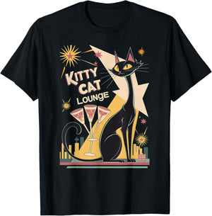 Retro Mid-Century Modern Cat and Cocktails Lounge Theme T-Shirt - T-Shirt | Black