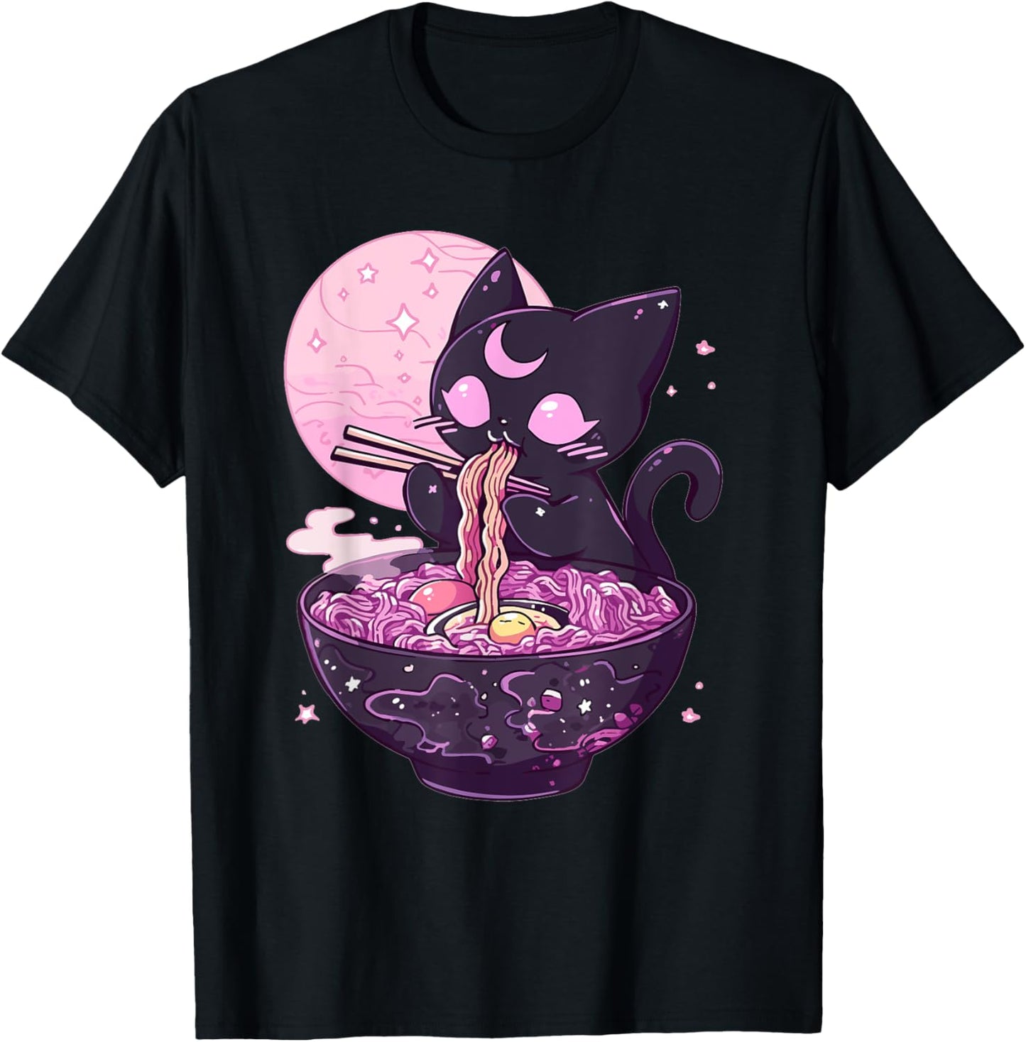 Pastel Goth Aesthetic Kawaii Creepy Cat Eating Ramen Noodles T-Shirt - T-Shirt | Black