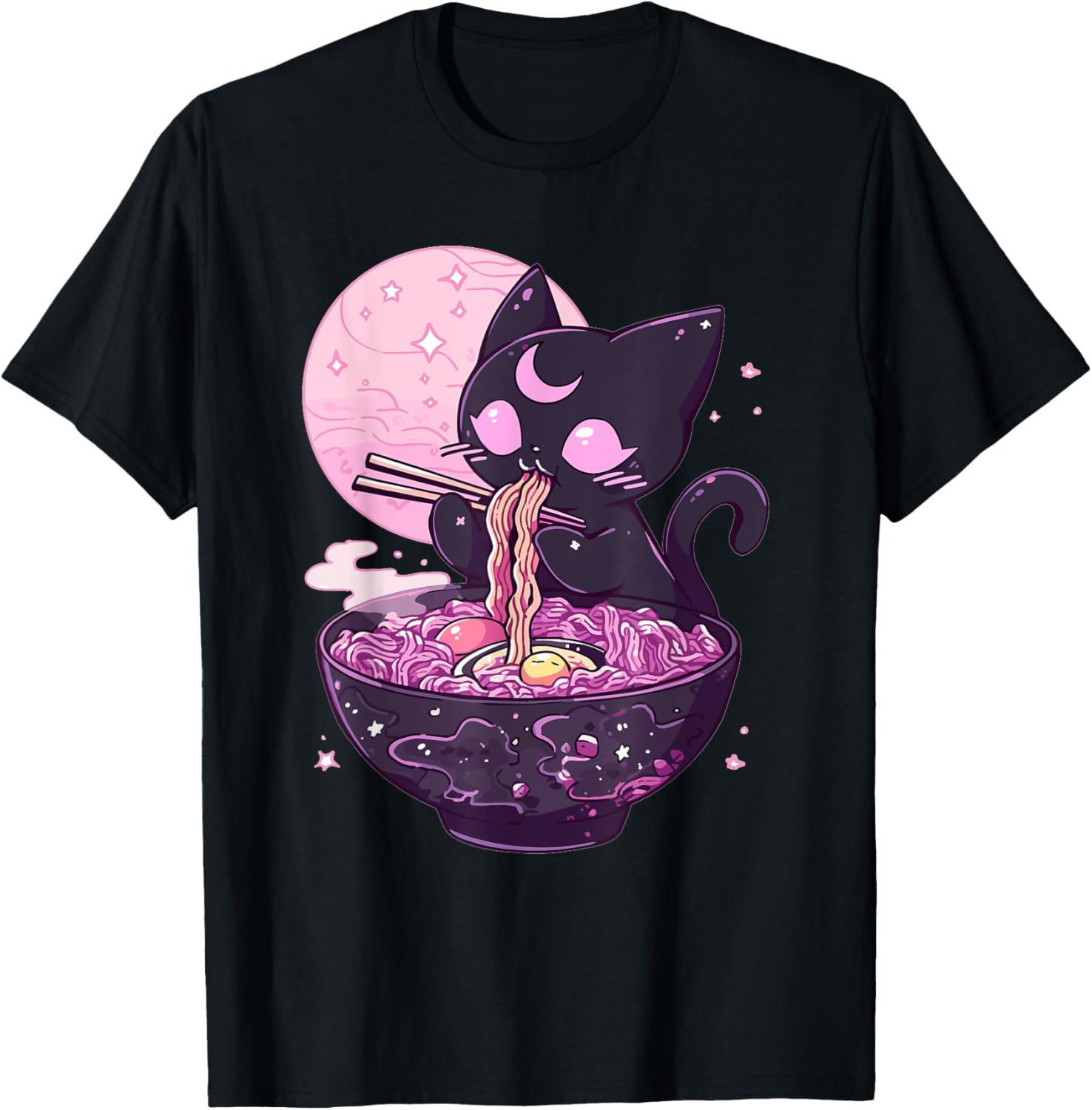 Pastel Goth Aesthetic Kawaii Creepy Cat Eating Ramen Noodles T-Shirt - T-Shirt | Black