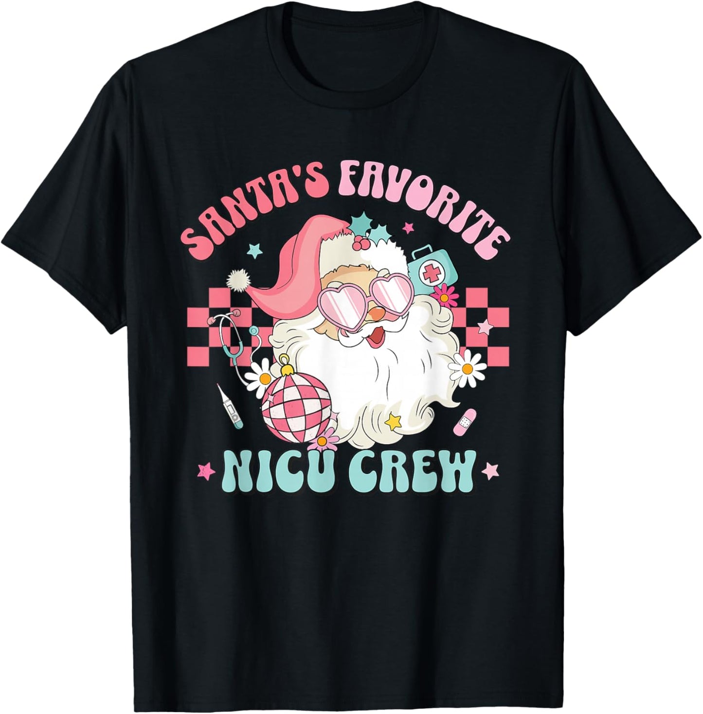 Retro Pink Christmas Neonatal Santa's Favorite NICU Nurse T-Shirt - T-Shirt | Black