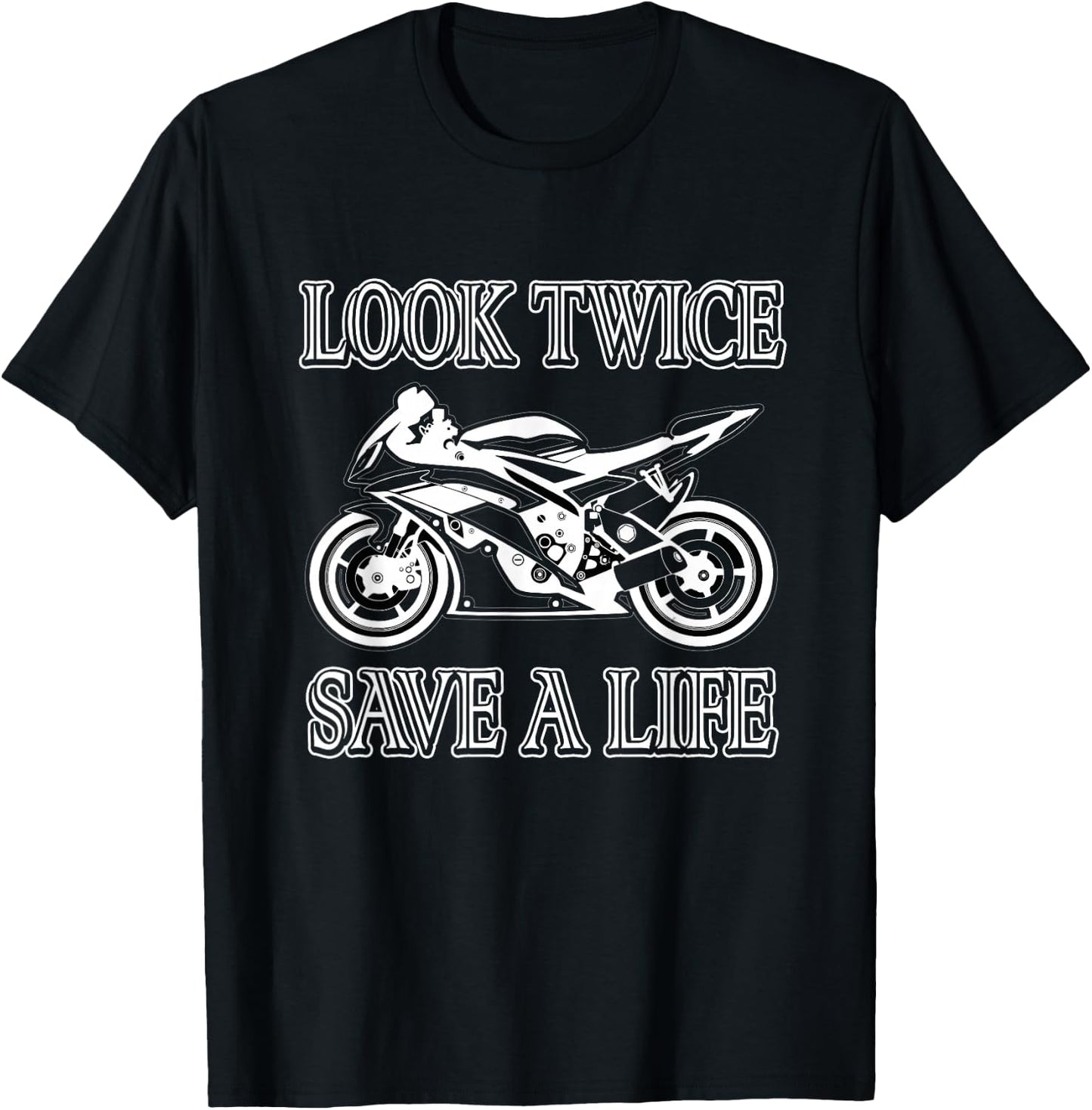 Motorrad-Bewusstseins-Sicherheits-Design -Adults Black Short Sleeve Classic Fit Small Look Twice Save A Life Motorcycle Safety T-Shirt - T-Shirt | Black