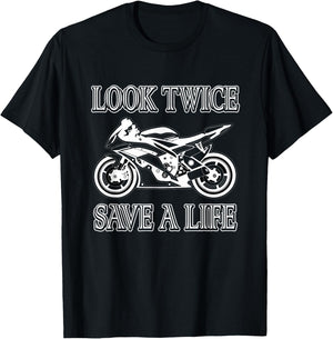 Motorrad-Bewusstseins-Sicherheits-Design -Adults Black Short Sleeve Classic Fit Small Look Twice Save A Life Motorcycle Safety T-Shirt - T-Shirt | Black