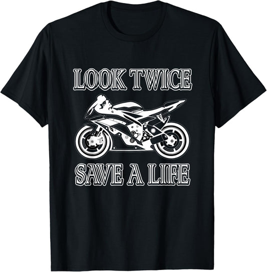 Motorrad-Bewusstseins-Sicherheits-Design -Adults Black Short Sleeve Classic Fit Small Look Twice Save A Life Motorcycle Safety T-Shirt - T-Shirt | Black