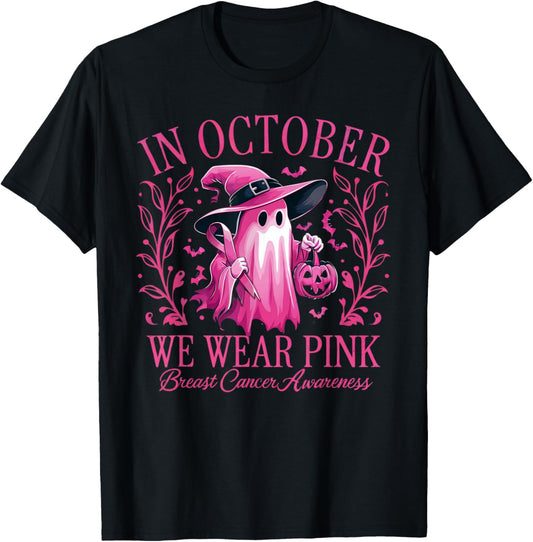 In October We Wear Pink Breast Cancer Awareness Halloween T-Shirt - T-Shirt | Black