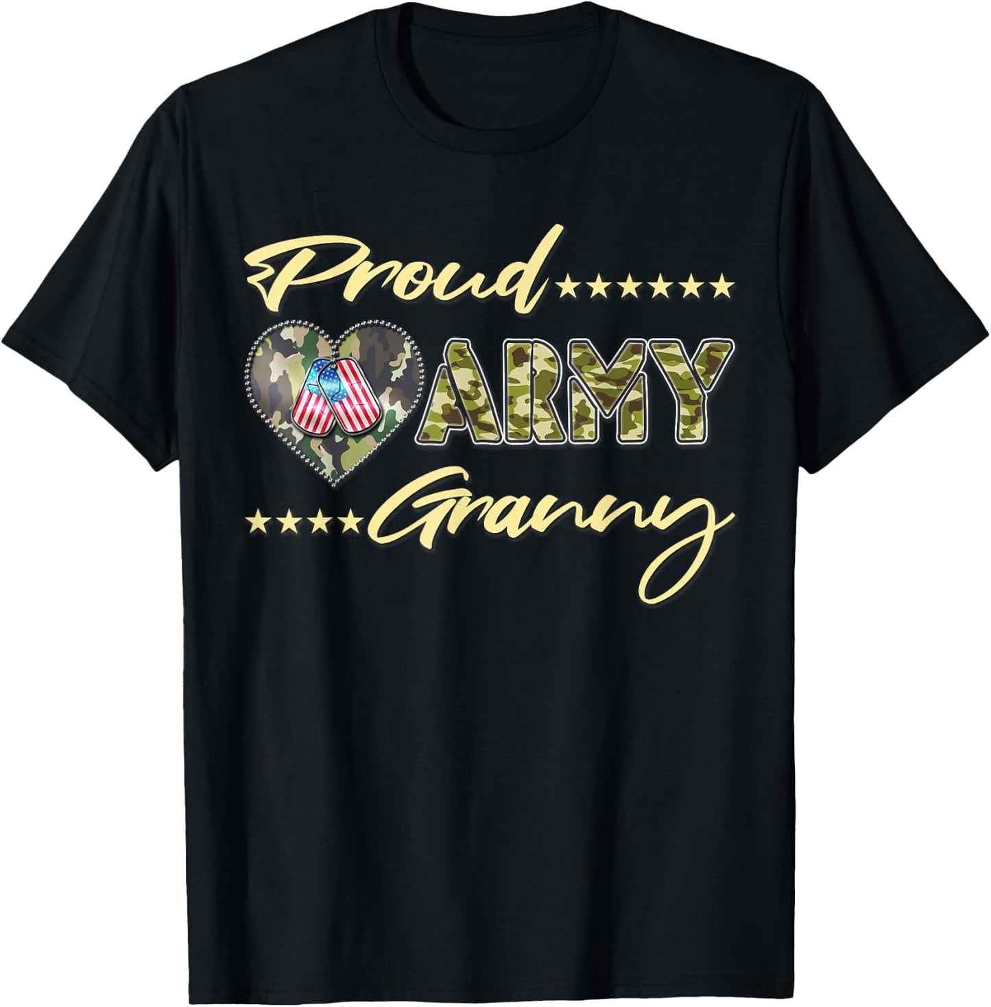 Proud Army Granny US Flag Dog Tag Family Military Grandma T-Shirt - T-Shirt | Black