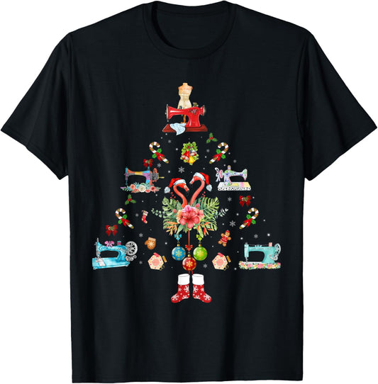 Flamingo Quilting Machine Christmas T-Shirt - T-Shirt | Black