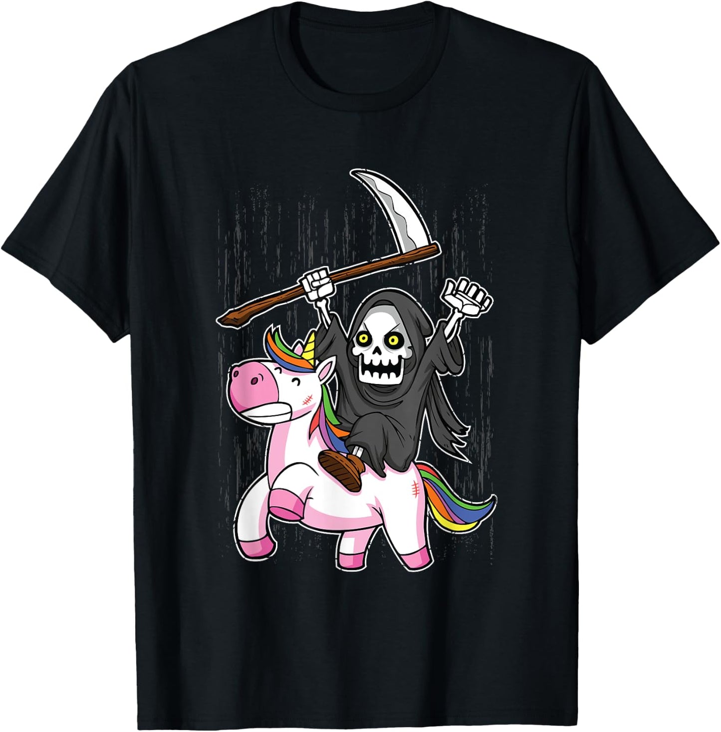 Death Metal Rock Music Halloween Grim Reaper Riding Unicorn T-Shirt - T-Shirt | Black