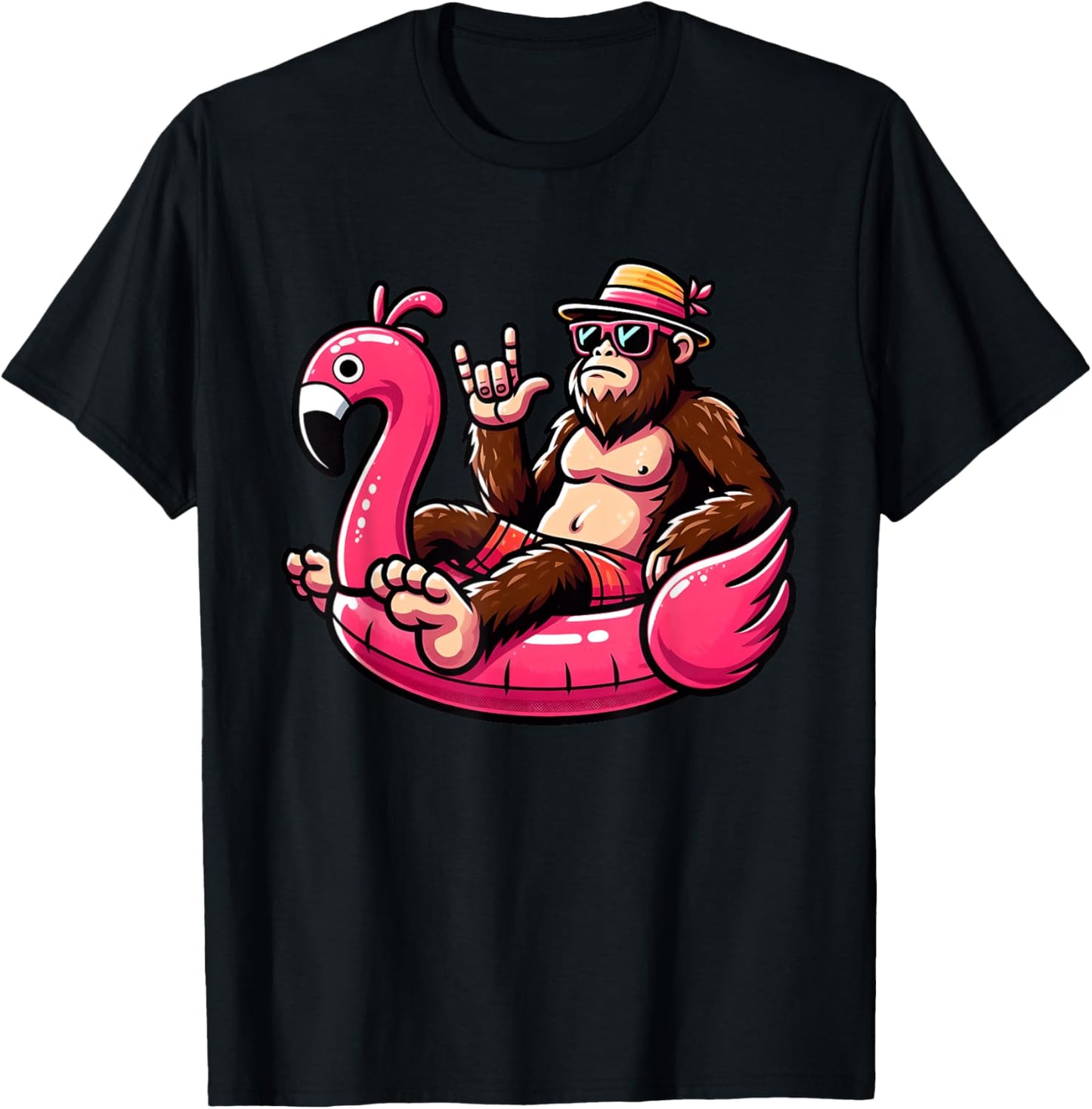Bigfoot Sasquatch on Flamingo Pool Swimming Hawaii Beaches Men Women Kids T-Shirt - T-Shirt | Black
