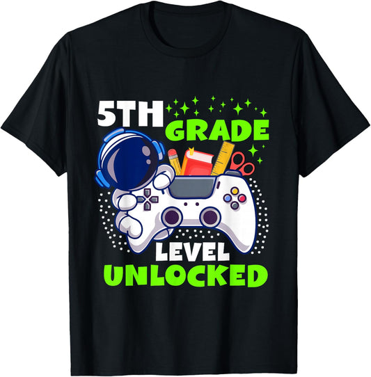 Back To School 5th Grade Level Unlocked Gamer Boys Kids T-Shirt - T-Shirt | Black
