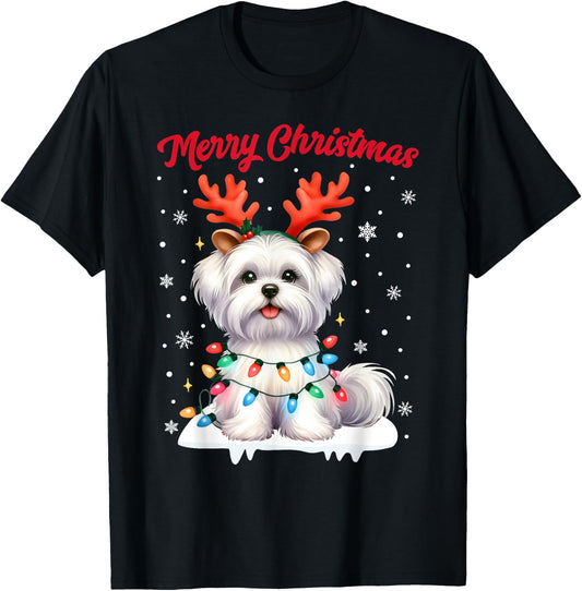 Christmas Pajamas Men Women Kids Maltese Dog Christmas T-Shirt - T-Shirt | Black