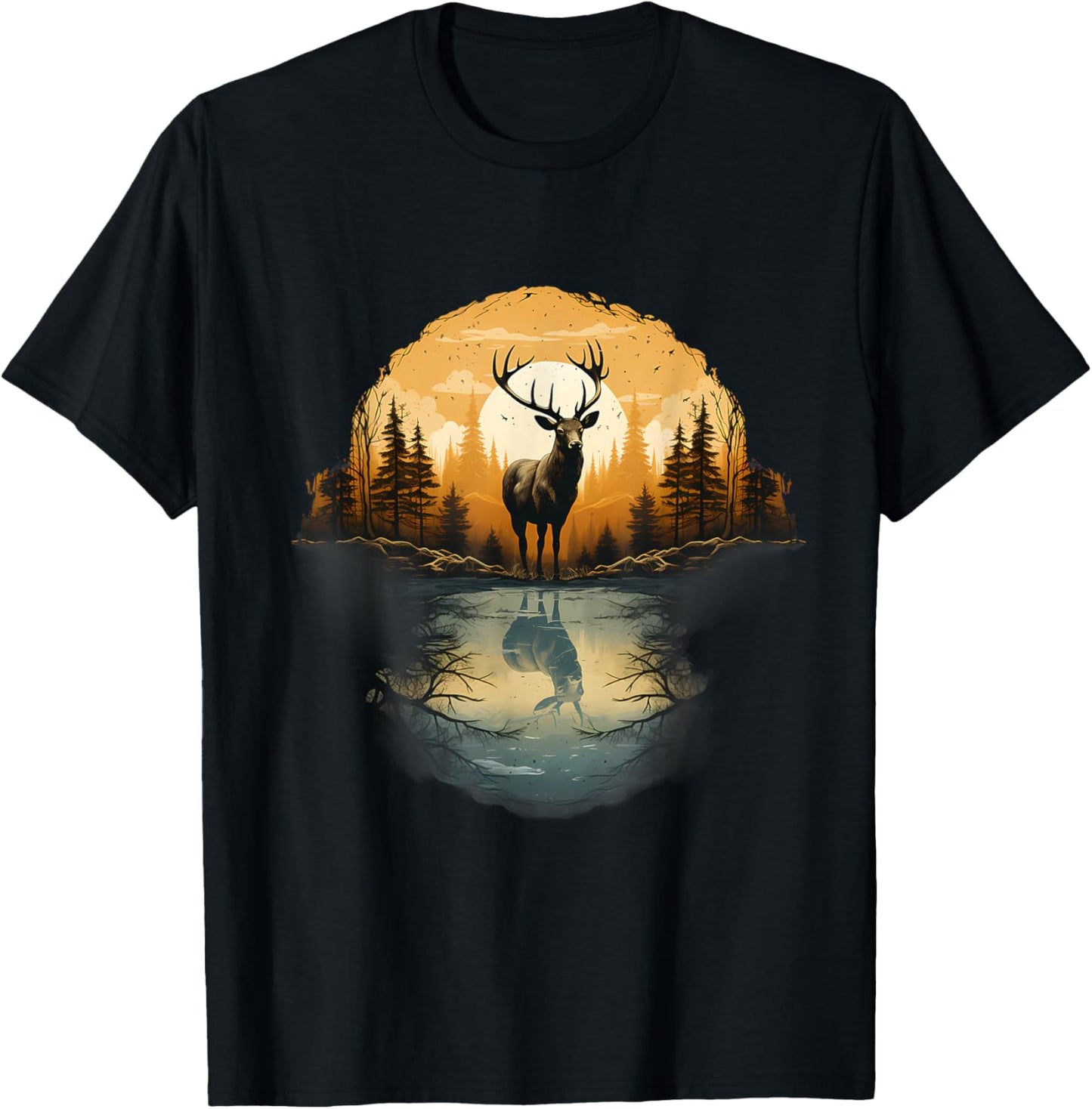 Deer Landscape Artwork Motif Animal Lovers Nature Wildlife T-Shirt - T-Shirt | Black