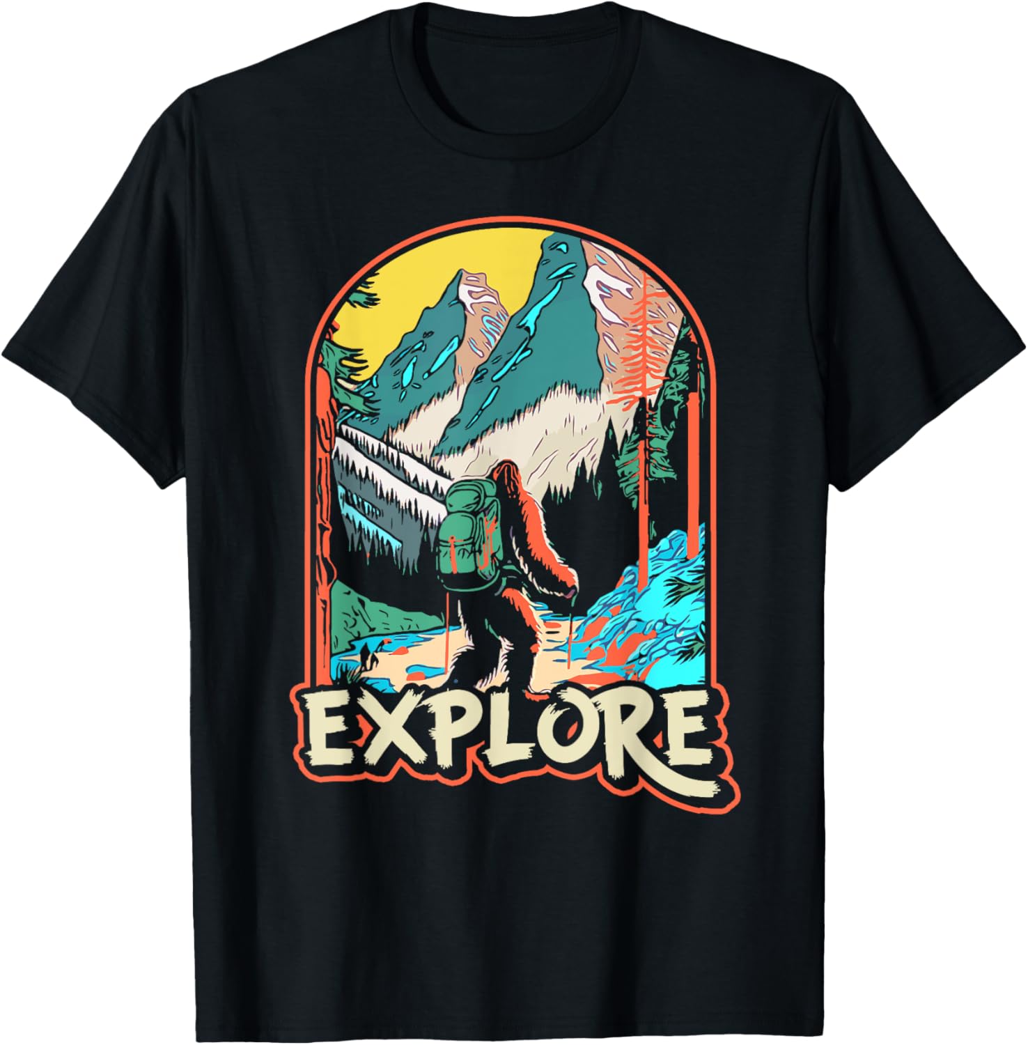 Explore! Hiking Bigfoot Sasquatch In Mountains & Nature T-Shirt - T-Shirt | Black
