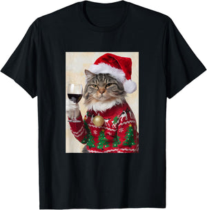 Cat Drinking Wine Cute Cat Holding Red Wine Lovers T-Shirt - T-Shirt | Black