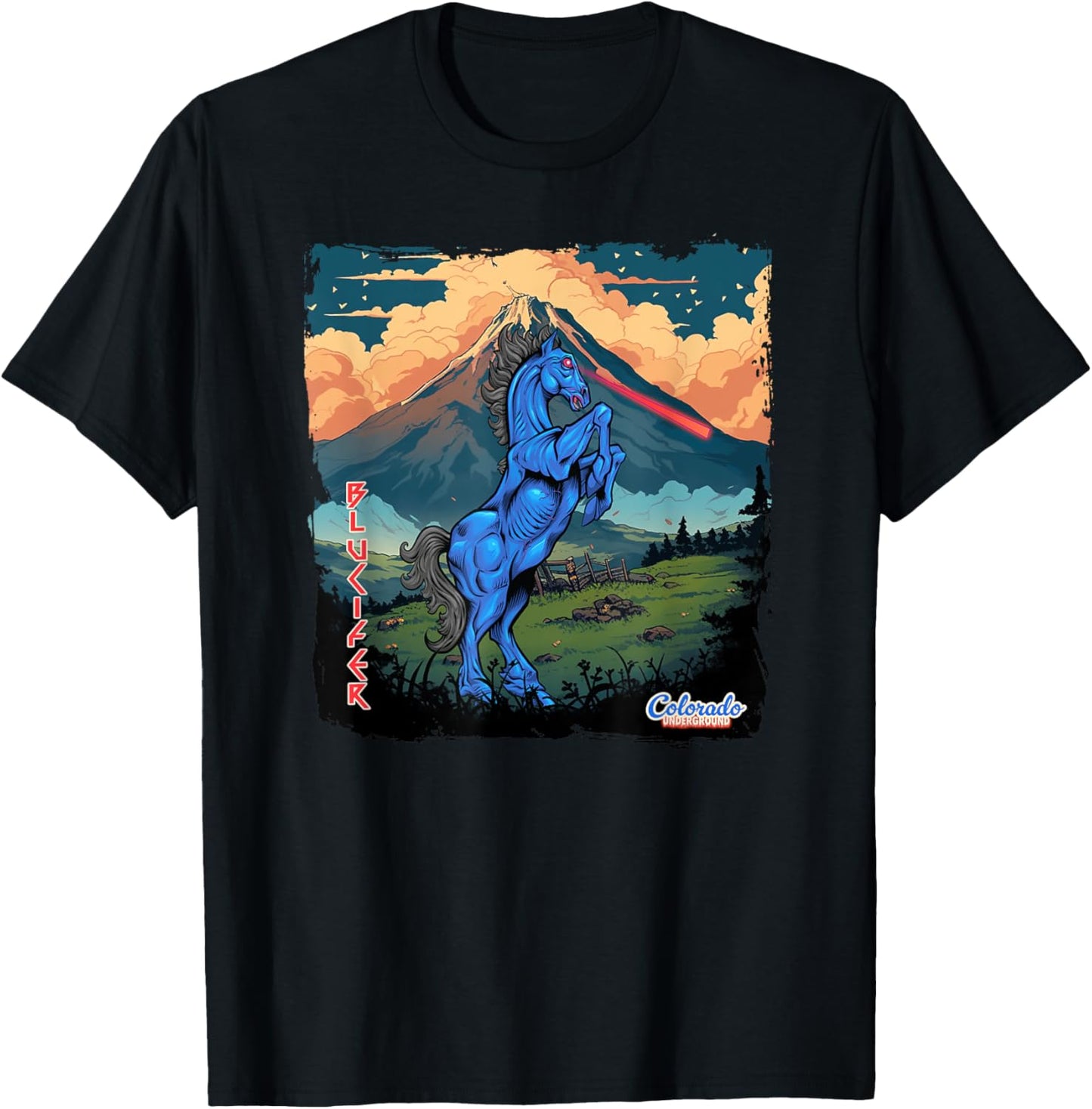 Blucifer: Laser-Eyed Demon Horse Roams Colorado Underground T-Shirt - T-Shirt | Black