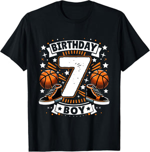 Kids 7th Birthday Boy 7 Year Old Boy Basketball Birthday Party T-Shirt - T-Shirt | Black