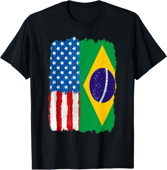Half American And Brazilian America Brazil Usa Us Flag Roots T-Shirt - T-Shirt | Black