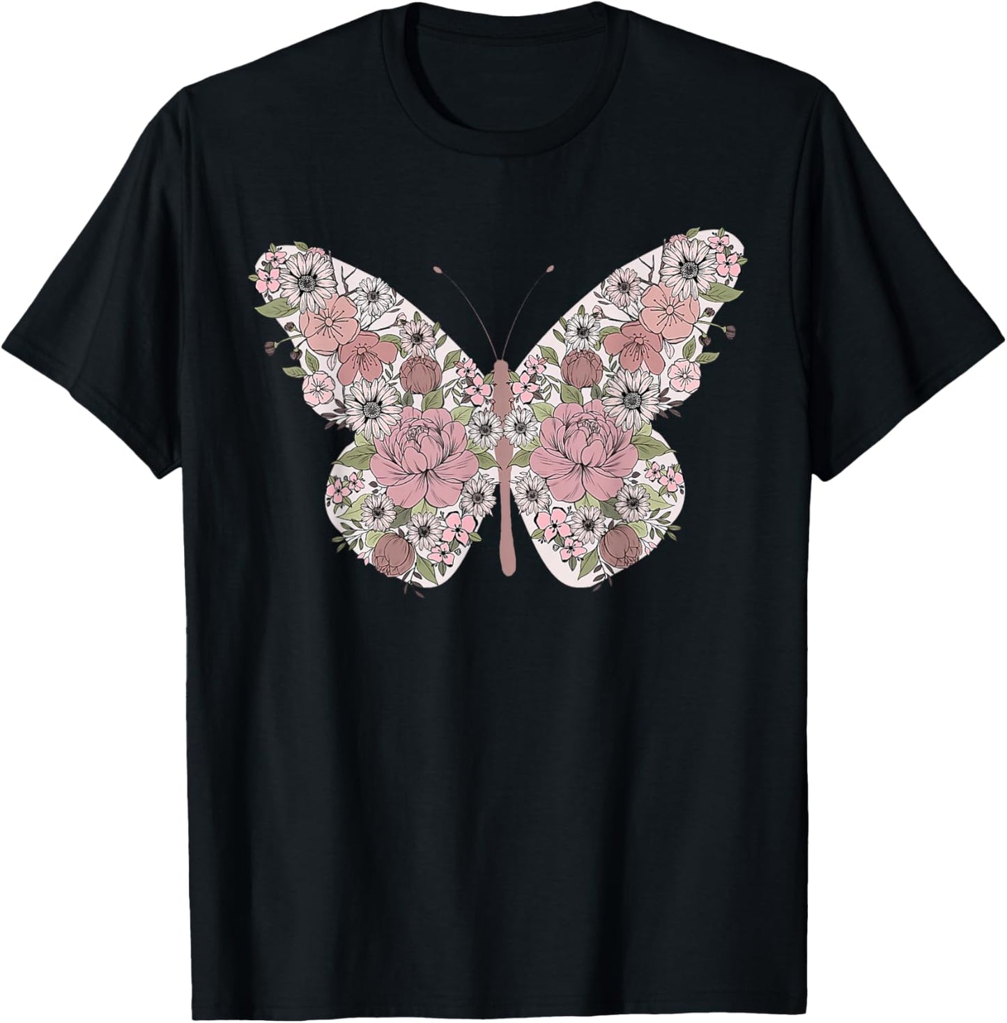 Boho Floral Butterfly Wild Flowers T-Shirt - T-Shirt | Black