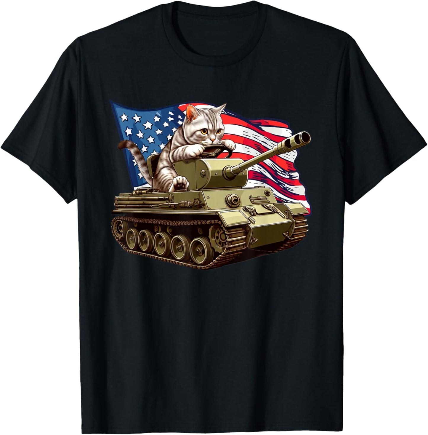 Cat Driving Army Tank American Flag Military Cat Lovers T-Shirt - T-Shirt | Black