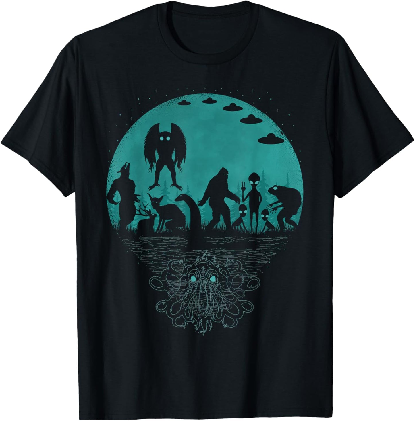 Bigfoot Loch Ness Monster Mothman And Aliens! Funny Cryptid T-Shirt - T-Shirt | Black