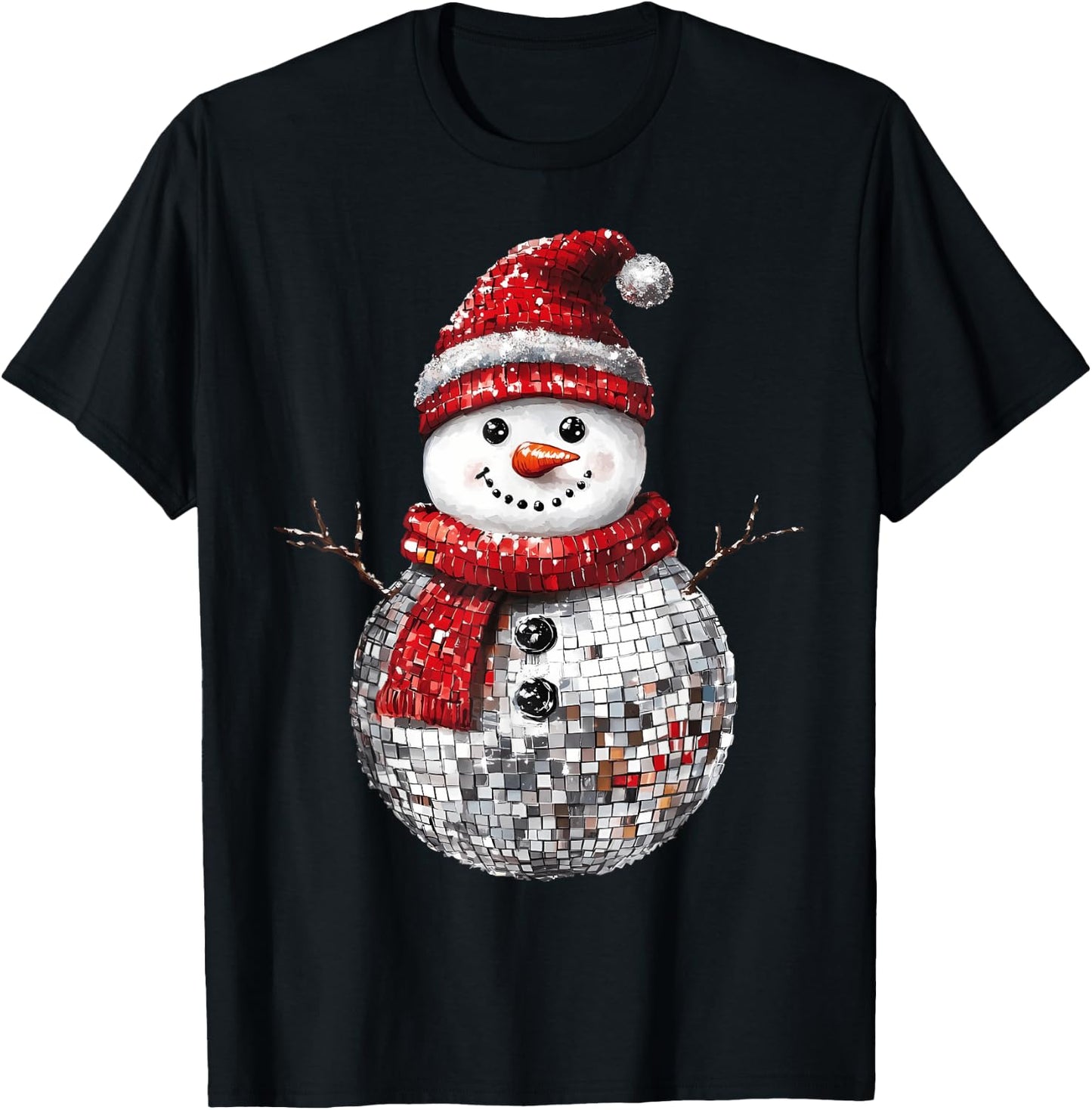 Cute Snowman Disco Ball Christmas Santa Hat Matching Family T-Shirt - T-Shirt | Black