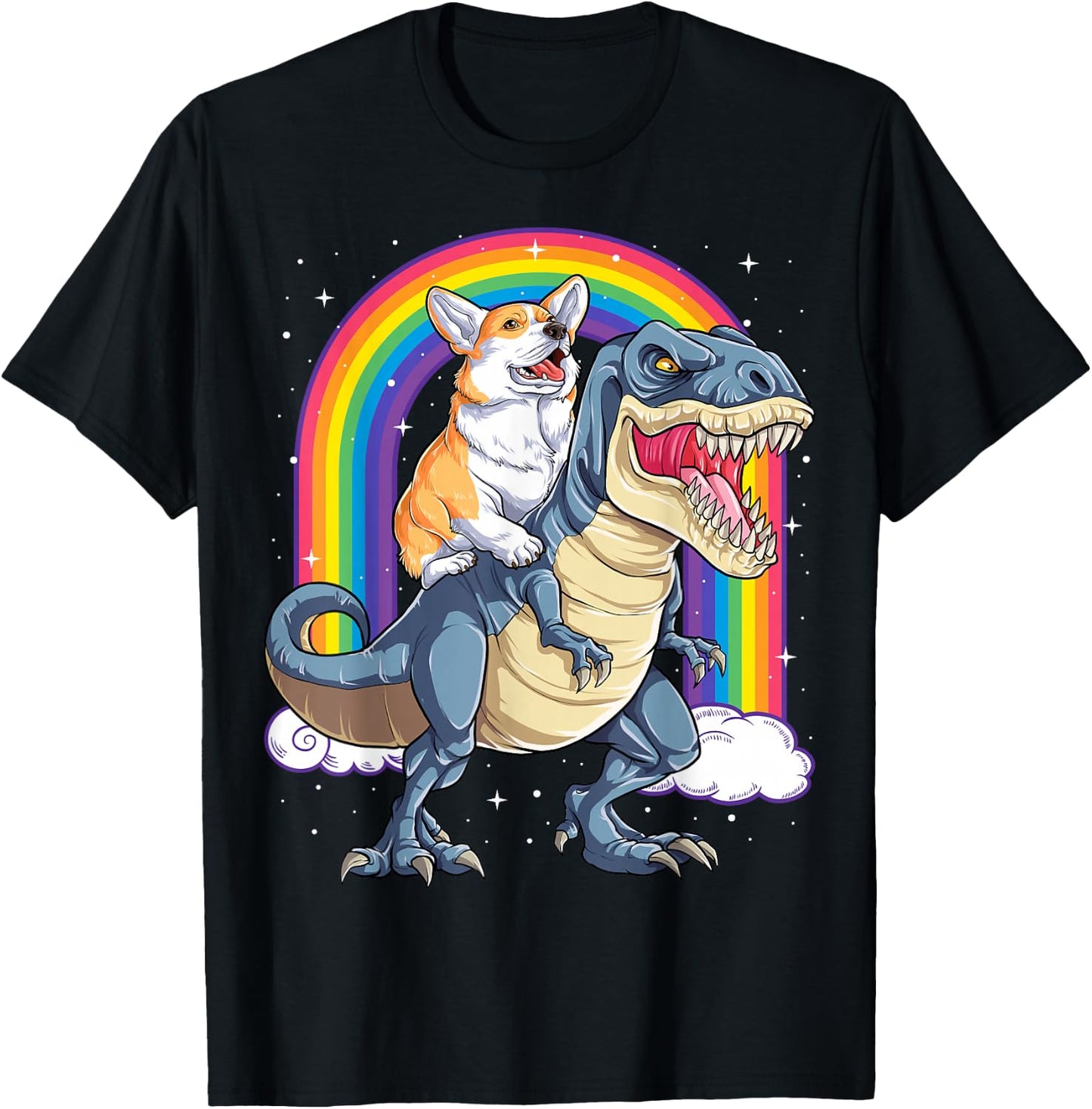 Corgi Riding Dinosaur T-rex Boys Girls Space Galaxy Rainbow T-Shirt - T-Shirt | Black