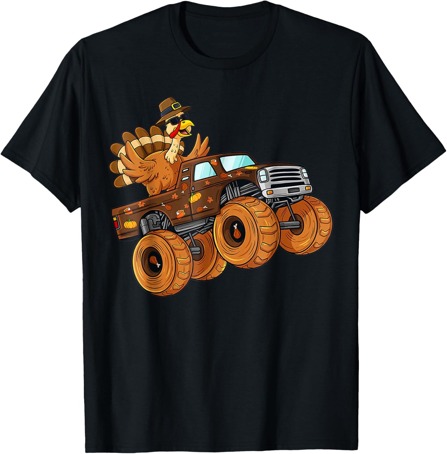 Turkey Pilgrim Riding Monster Truck Thanksgiving Boys Kids T-Shirt - T-Shirt | Black