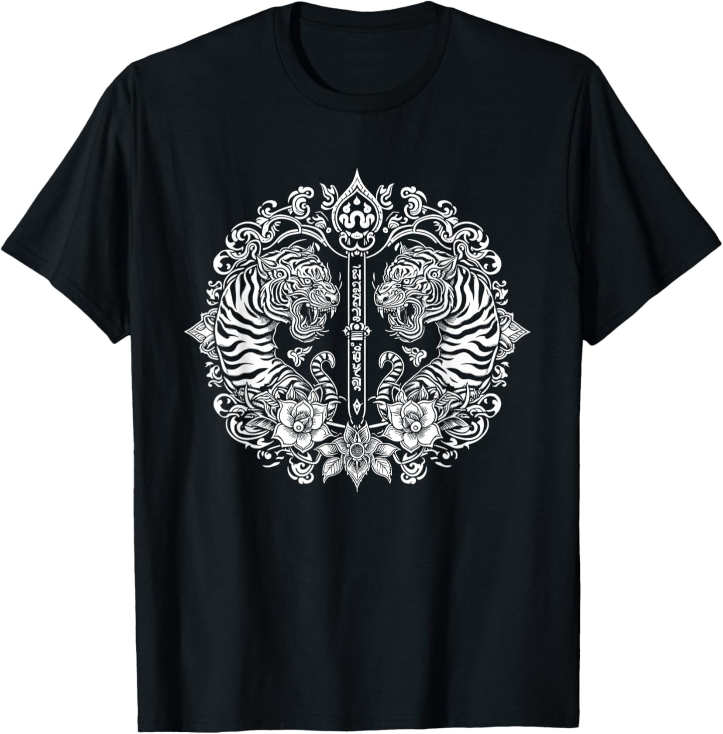 Sak Yant Muay Thai Art Tattoo Twin Tiger Kickboxing Thailand T-Shirt - T-Shirt | Black