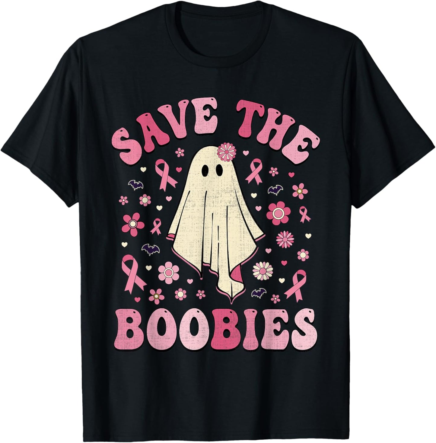 Save the Boobies Pink Halloween Ghost Breast Cancer Groovy T-Shirt - T-Shirt | Black