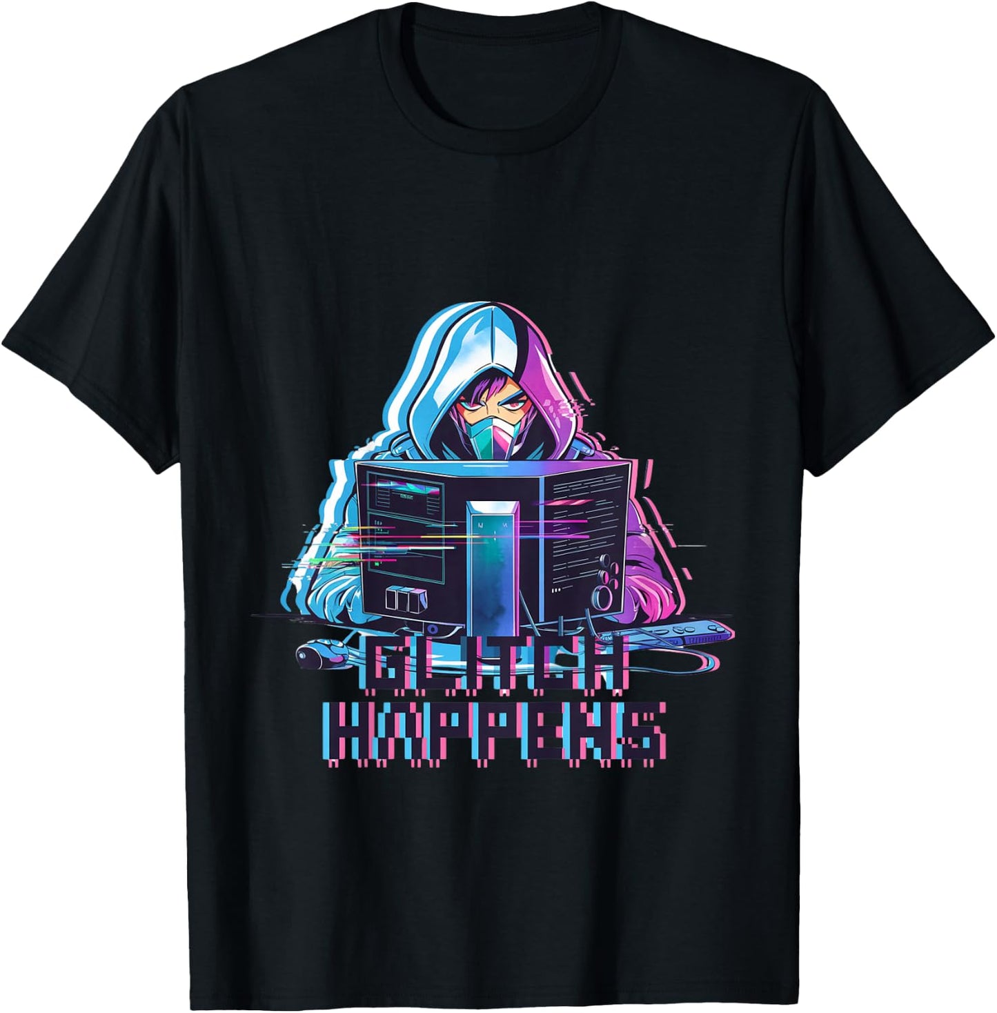 Kids Glitch Happens Anime Gamer Boy Male Futuristic Gaming T-Shirt - T-Shirt | Black