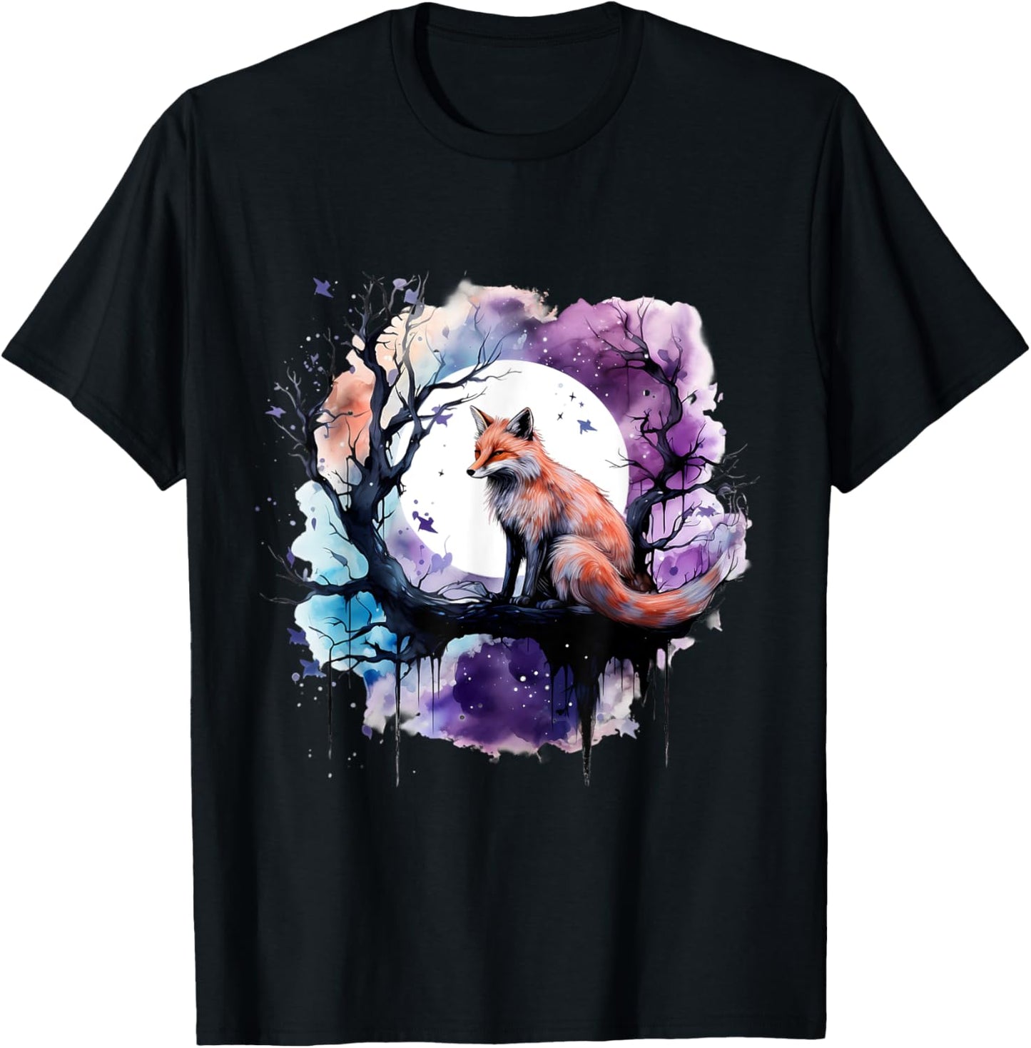 Fox Animal Art Wildlife Artwork Moon Nature Animal Lovers T-Shirt - T-Shirt | Black