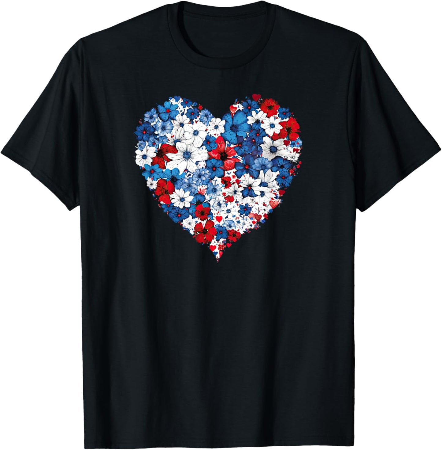 Floral Heart - Red White and Blue 4th of July Patriotic T-Shirt - T-Shirt | Black