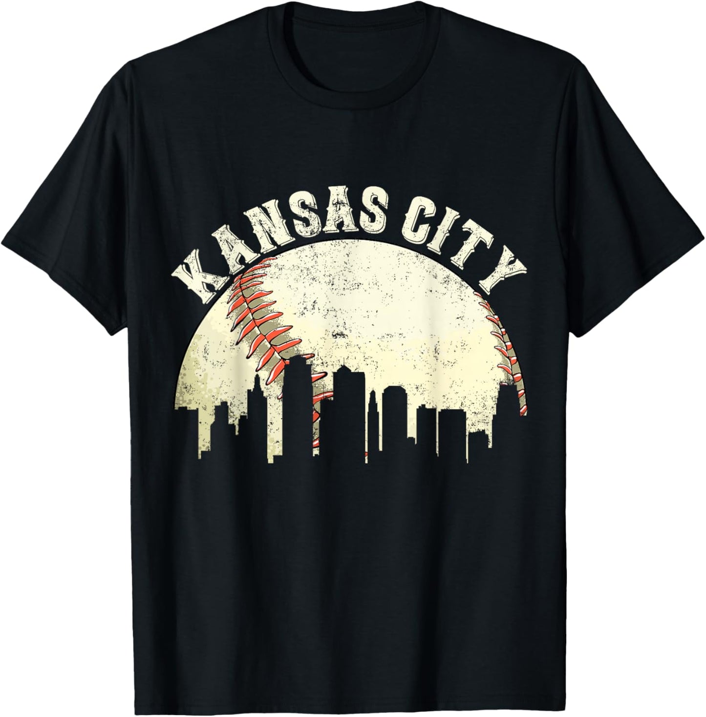 Vintage Kansas City Cityscape Baseball Lover Men Women Kids T-Shirt - T-Shirt | Black